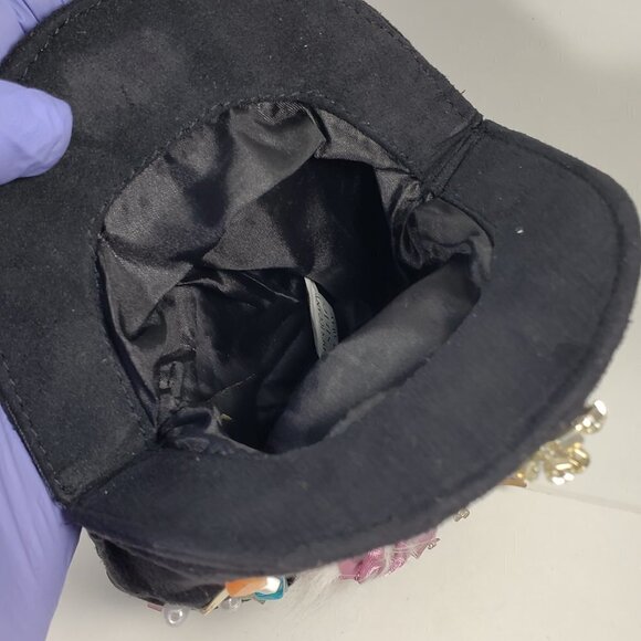 Black Coin Purse with Pink Satin Flower, Gems & Gold Leaf – Statement Mini Bag - Picture 10 of 11